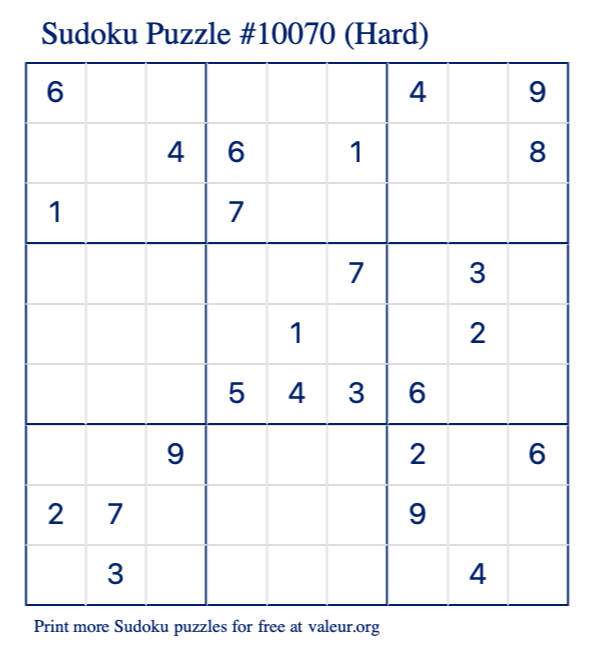 Free Printable Hard Sudoku Puzzle number 10070