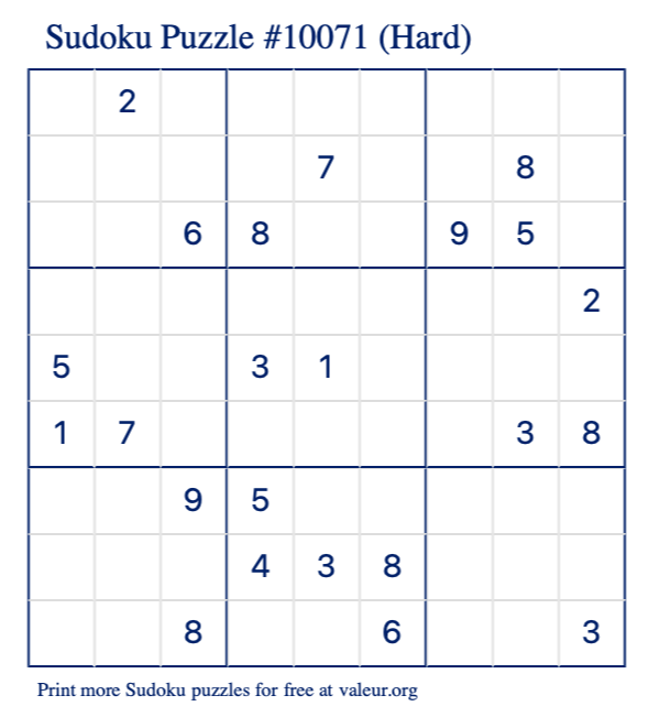 Free Printable Hard Sudoku Puzzle number 10071