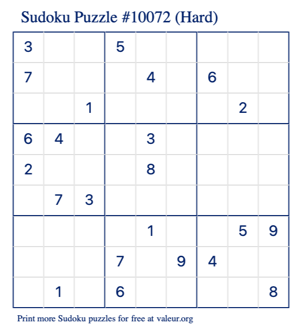 Free Printable Hard Sudoku Puzzle number 10072