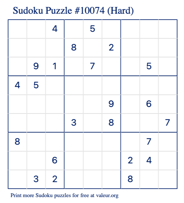 Free Printable Hard Sudoku Puzzle number 10074