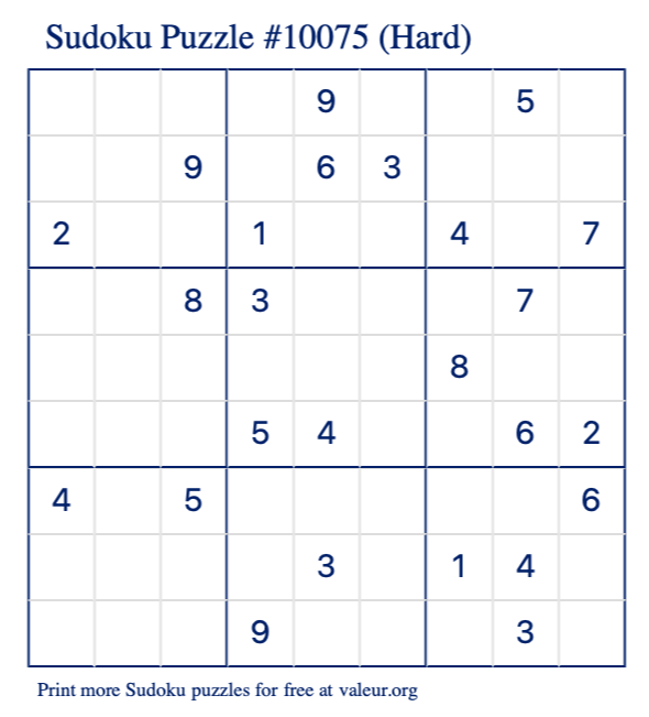 Free Printable Hard Sudoku Puzzle number 10075