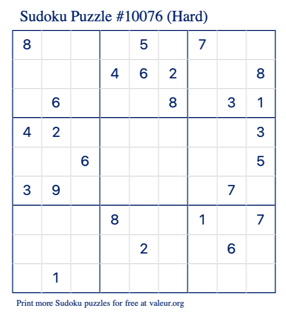 Free Printable Hard Sudoku Puzzle number 10076