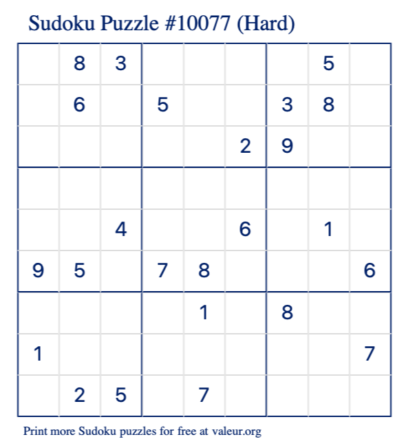 Free Printable Hard Sudoku Puzzle number 10077