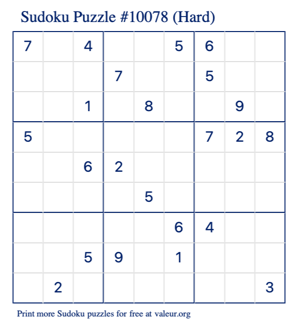 Free Printable Hard Sudoku Puzzle number 10078