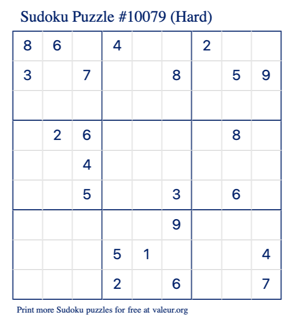 Free Printable Hard Sudoku Puzzle number 10079