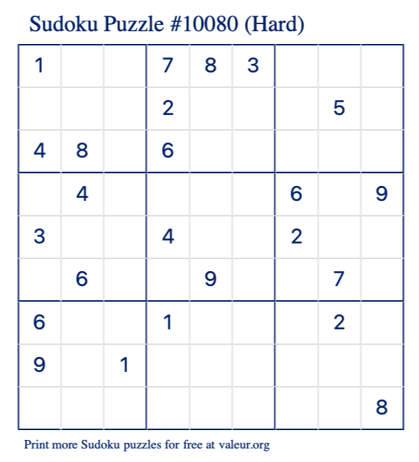 Free Printable Hard Sudoku Puzzle number 10080