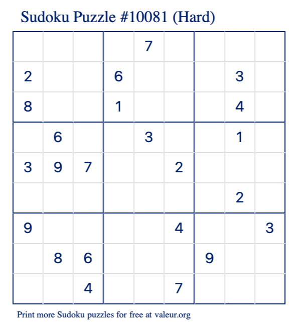 Free Printable Hard Sudoku Puzzle number 10081