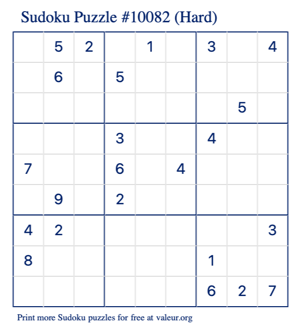 Free Printable Hard Sudoku Puzzle number 10082