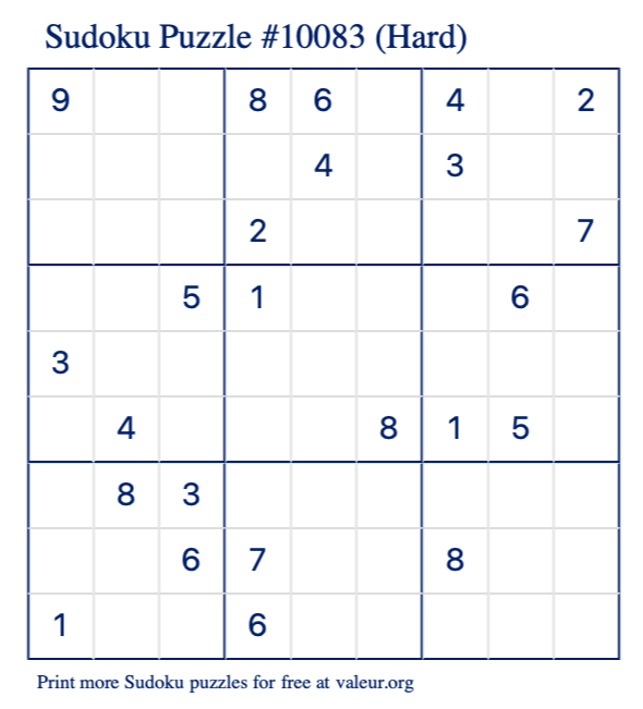 Free Printable Hard Sudoku Puzzle number 10083