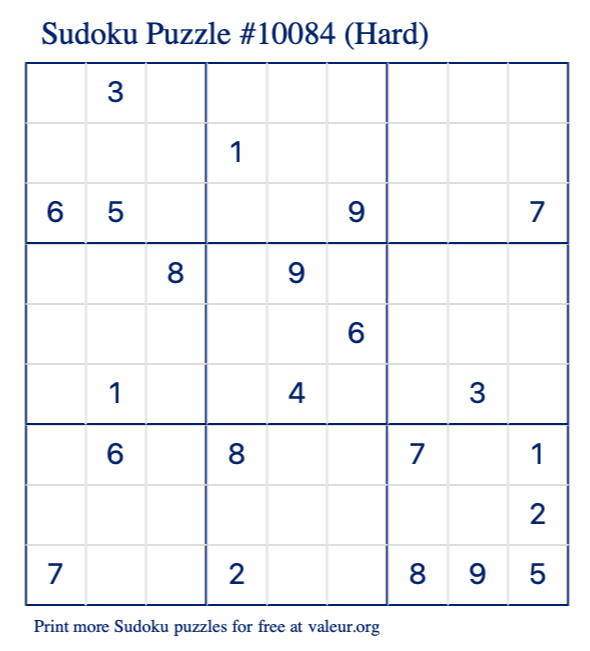 Free Printable Hard Sudoku Puzzle number 10084