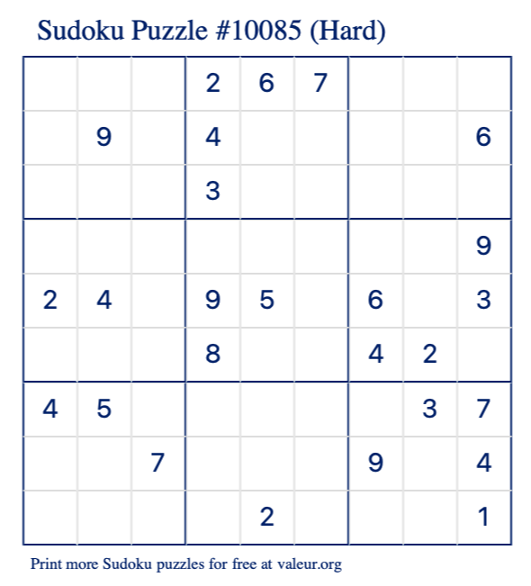 Free Printable Hard Sudoku Puzzle number 10085
