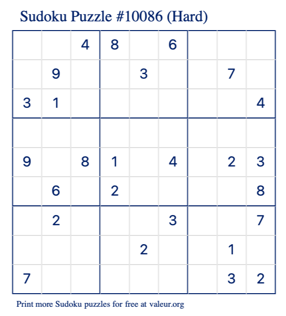 Free Printable Hard Sudoku Puzzle number 10086