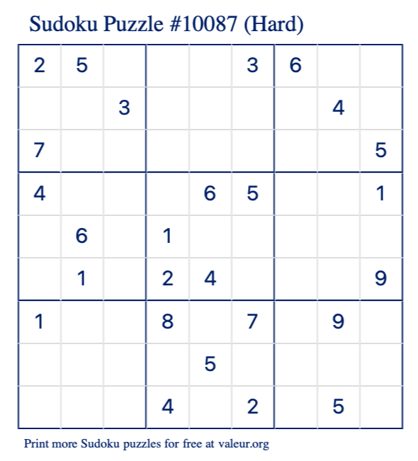 Free Printable Hard Sudoku Puzzle number 10087