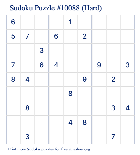 Free Printable Hard Sudoku Puzzle number 10088