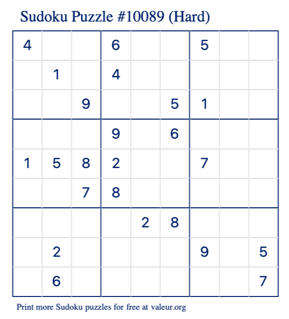 Free Printable Hard Sudoku Puzzle number 10089