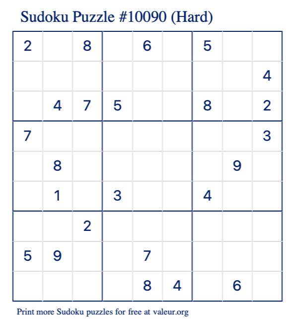 Free Printable Hard Sudoku Puzzle number 10090