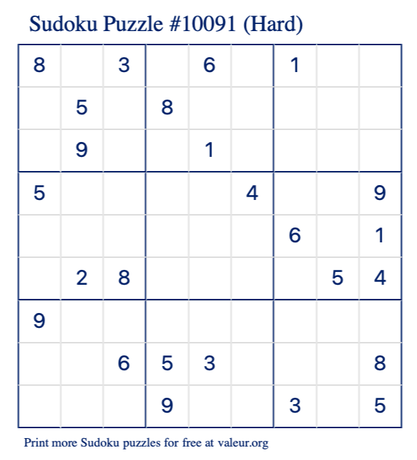 Free Printable Hard Sudoku Puzzle number 10091