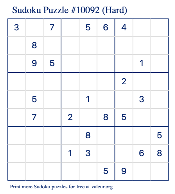 Free Printable Hard Sudoku Puzzle number 10092