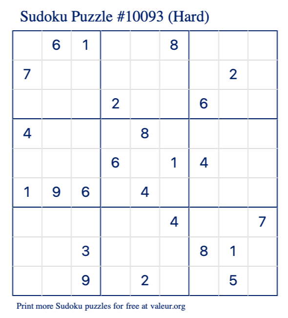 Free Printable Hard Sudoku Puzzle number 10093