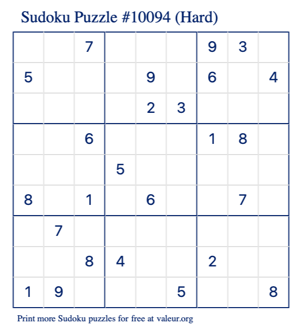 Free Printable Hard Sudoku Puzzle number 10094