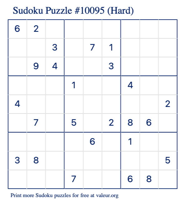 Free Printable Hard Sudoku Puzzle number 10095