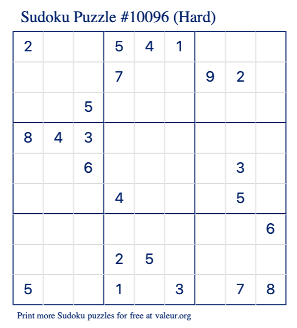 Free Printable Hard Sudoku Puzzle number 10096