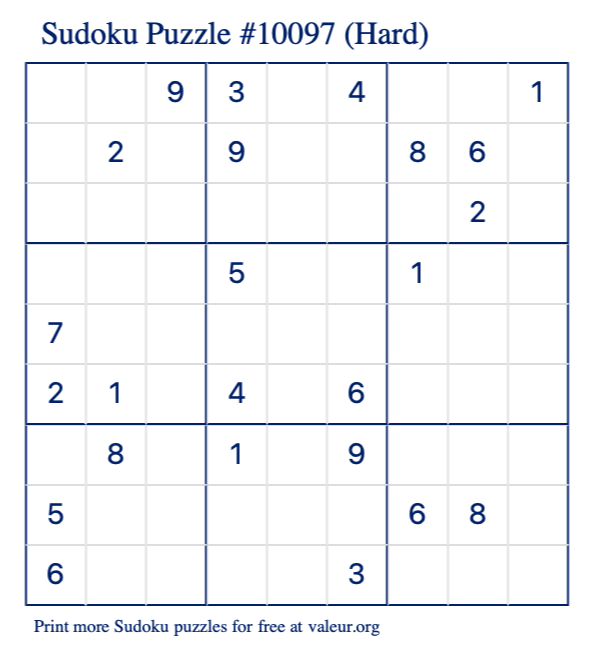 Free Printable Hard Sudoku Puzzle number 10097