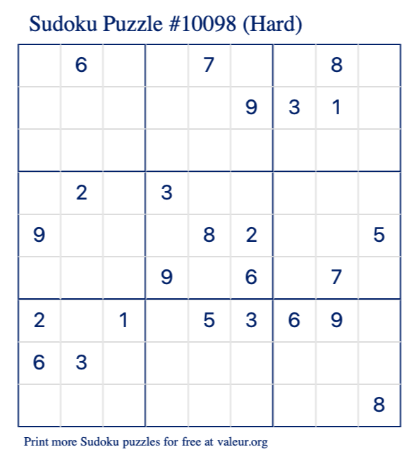 Free Printable Hard Sudoku Puzzle number 10098