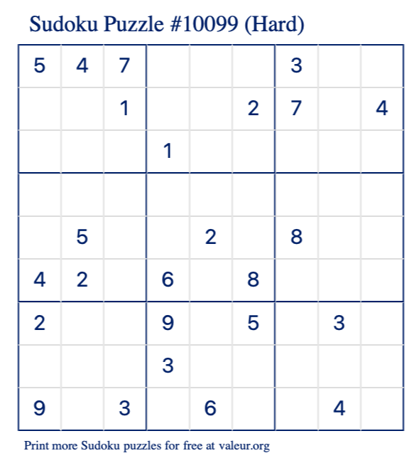 Free Printable Hard Sudoku Puzzle number 10099