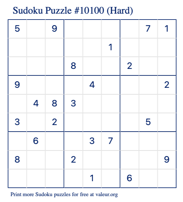 Free Printable Hard Sudoku Puzzle number 10100