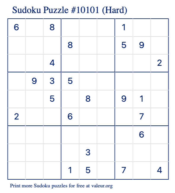 Free Printable Hard Sudoku Puzzle number 10101