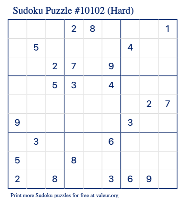 Free Printable Hard Sudoku Puzzle number 10102