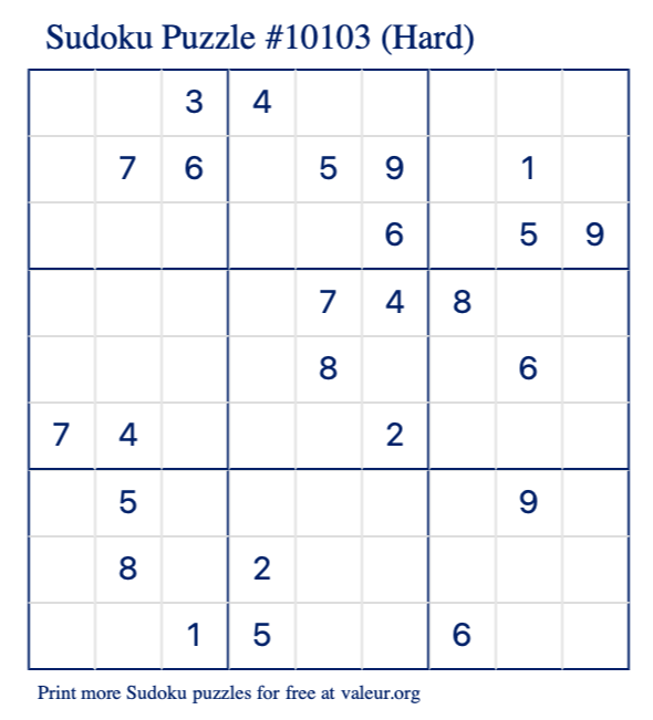 Free Printable Hard Sudoku Puzzle number 10103