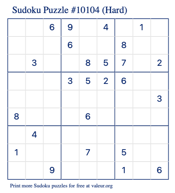 Free Printable Hard Sudoku Puzzle number 10104