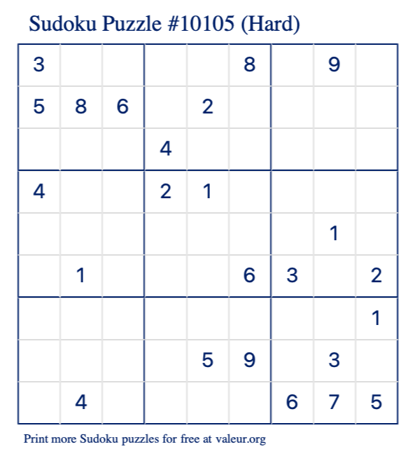 Free Printable Hard Sudoku Puzzle number 10105