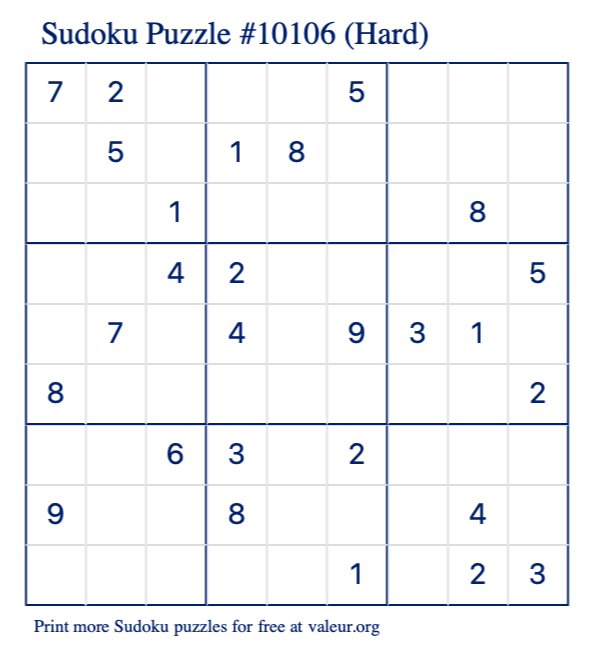 Free Printable Hard Sudoku Puzzle number 10106