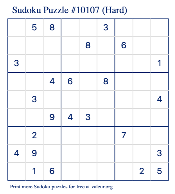 Free Printable Hard Sudoku Puzzle number 10107
