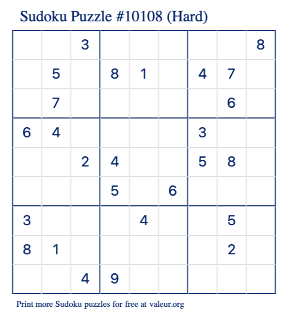 Free Printable Hard Sudoku Puzzle number 10108
