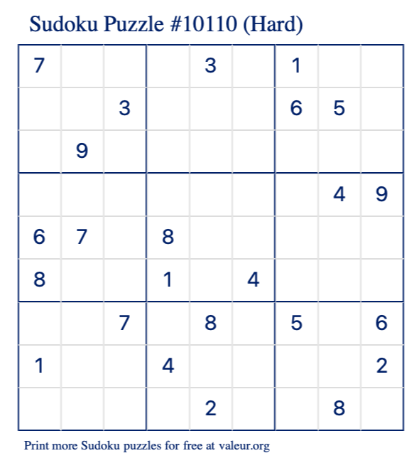 Free Printable Hard Sudoku Puzzle number 10110