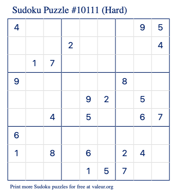Free Printable Hard Sudoku Puzzle number 10111