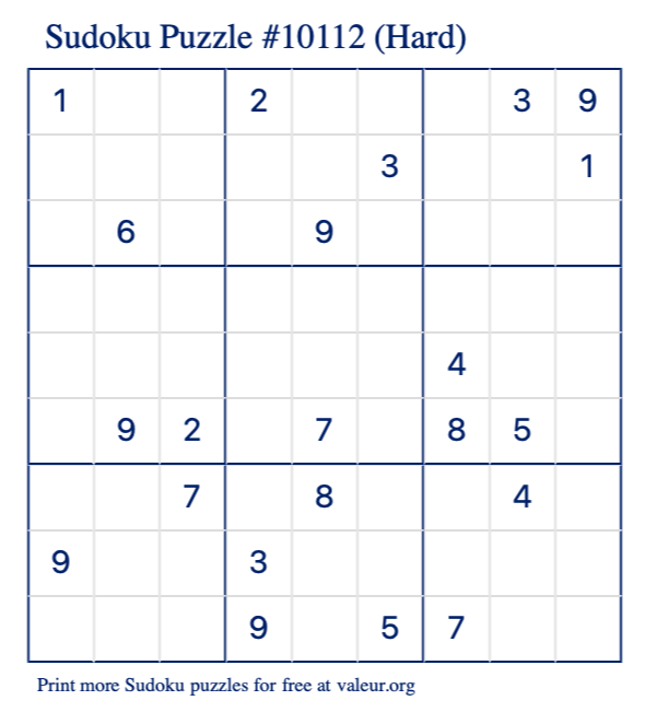 Free Printable Hard Sudoku Puzzle number 10112