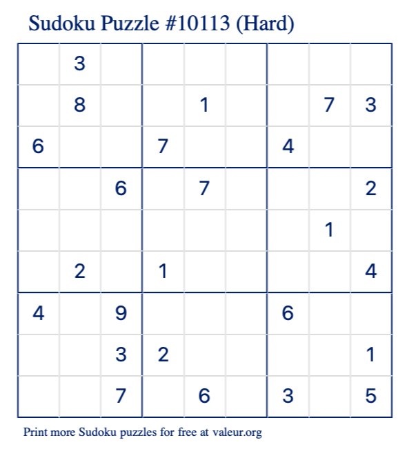 Free Printable Hard Sudoku Puzzle number 10113