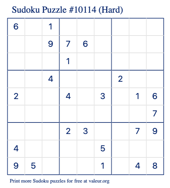Free Printable Hard Sudoku Puzzle number 10114