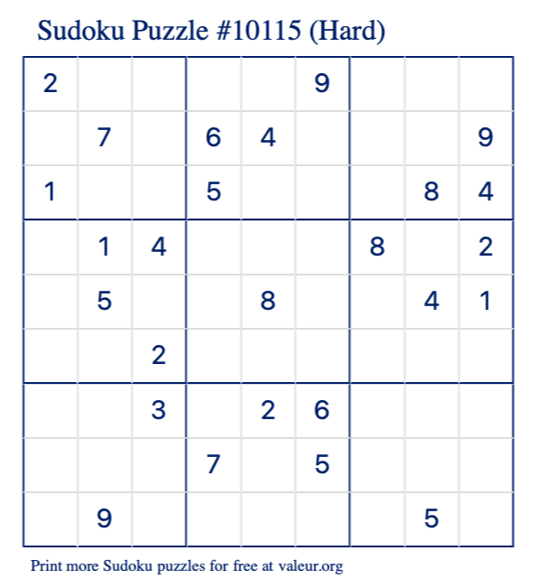 Free Printable Hard Sudoku Puzzle number 10115
