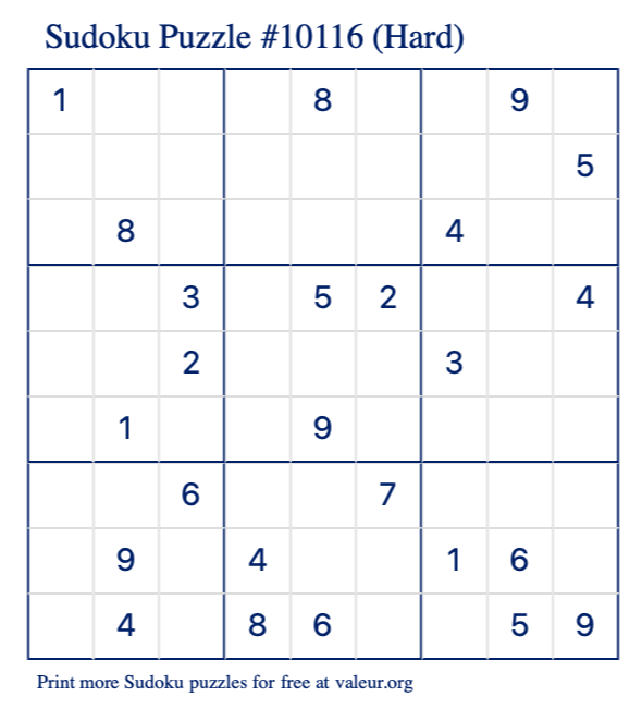Free Printable Hard Sudoku Puzzle number 10116
