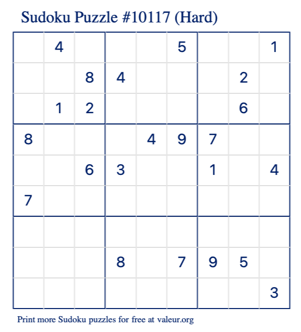Free Printable Hard Sudoku Puzzle number 10117