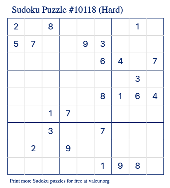 Free Printable Hard Sudoku Puzzle number 10118