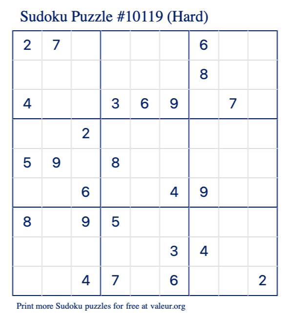 Free Printable Hard Sudoku Puzzle number 10119