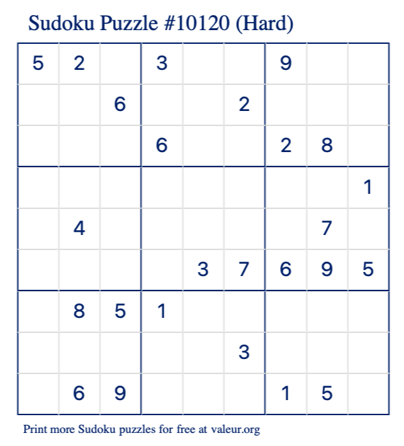 Free Printable Hard Sudoku Puzzle number 10120