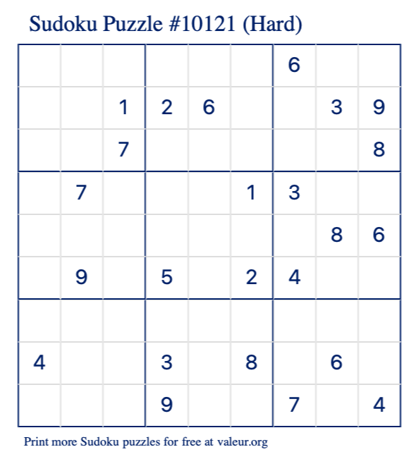 Free Printable Hard Sudoku Puzzle number 10121